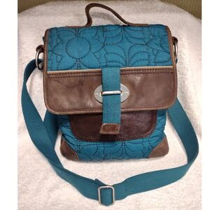 Fossil Keyper Teal Blue Quilted Floral Canvas Leather Trim‎ Crossbody Bag